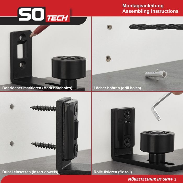 Guía de suelo SOTECH para puertas correderas ST-BF-01. Guía de rodillos para puertas con espesores de 17 a 49 mm.