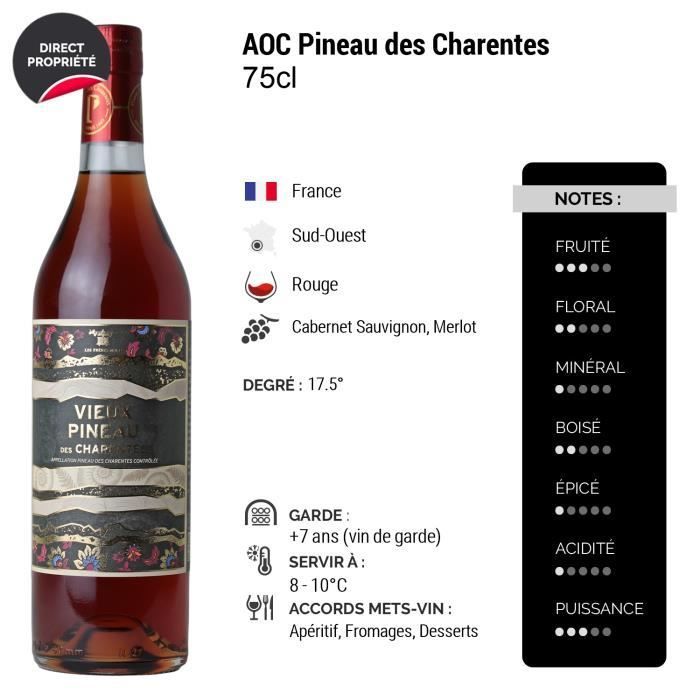 Pineau des Charentes Vieux Pineau des Charentes Rouge - Lot de 3x75cl - Les Frères Moine - Vin AOC Rouge du Sud-Ouest - Cépages