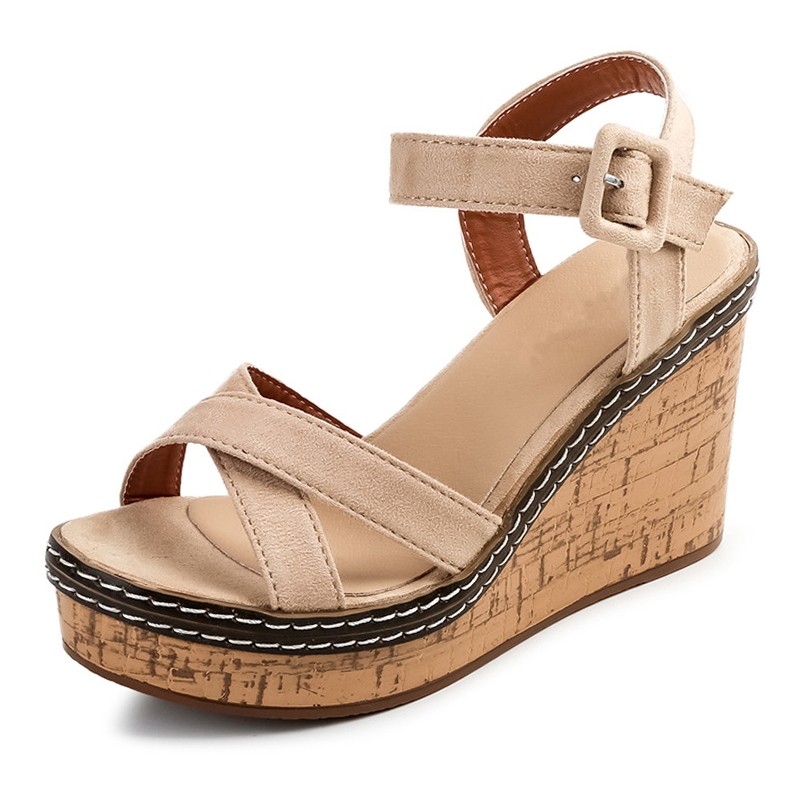 Sandali con zeppa da donna, scarpe con punta aperta e fibbia, zeppe in tela con plateau, scarpe estive alla moda con tacco altissimo da donna