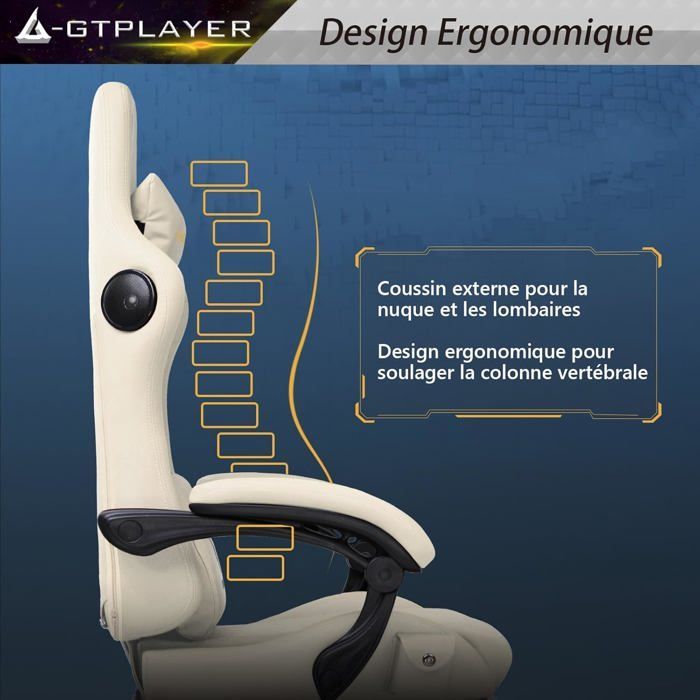 Silla gaming, silla de oficina con reposapiés, altavoz Bluetooth y reposabrazos sincronizados (blanca)