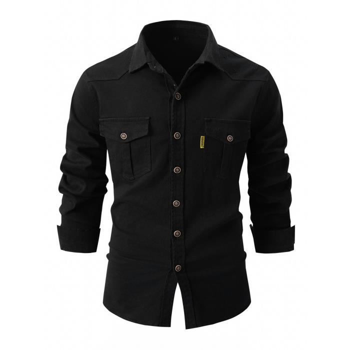 Camisa de algodón para hombre, manga larga, corte regular, camisa militar informal con bolsillos, color liso, cómoda - Negro