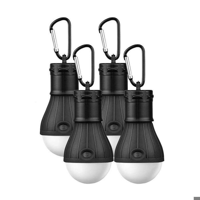 Luces LED para acampar, juego de 4 luces LED para acampar con mosquetón, juego de bombillas para linternas y tiendas de campaña.