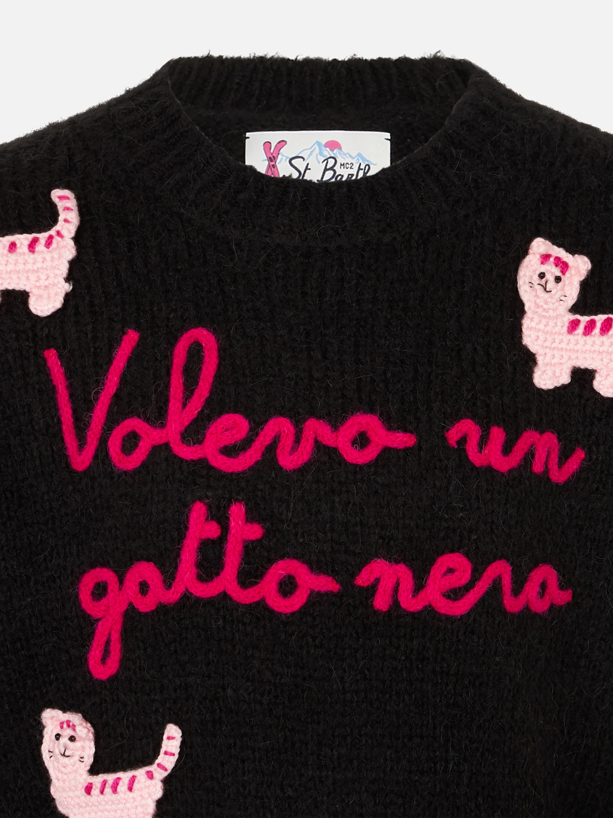Maglione morbido a girocollo da bambina con patch gatti all'uncinetto