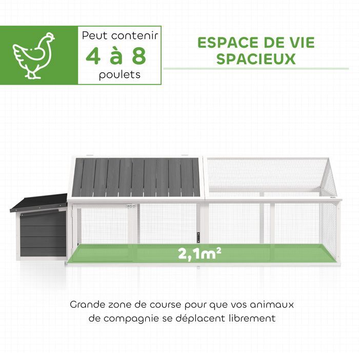 Poulailler pour poules - PawHut - avec nichoir - porte et toit ouvrable - pour 4 et 8 poules - en bois - blanc