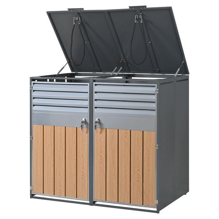 Cobertizo para contenedores HOMVRA, tapa de 2 compartimentos con tapa hidráulica y 2 puertas ventiladas, acero, gris y madera.