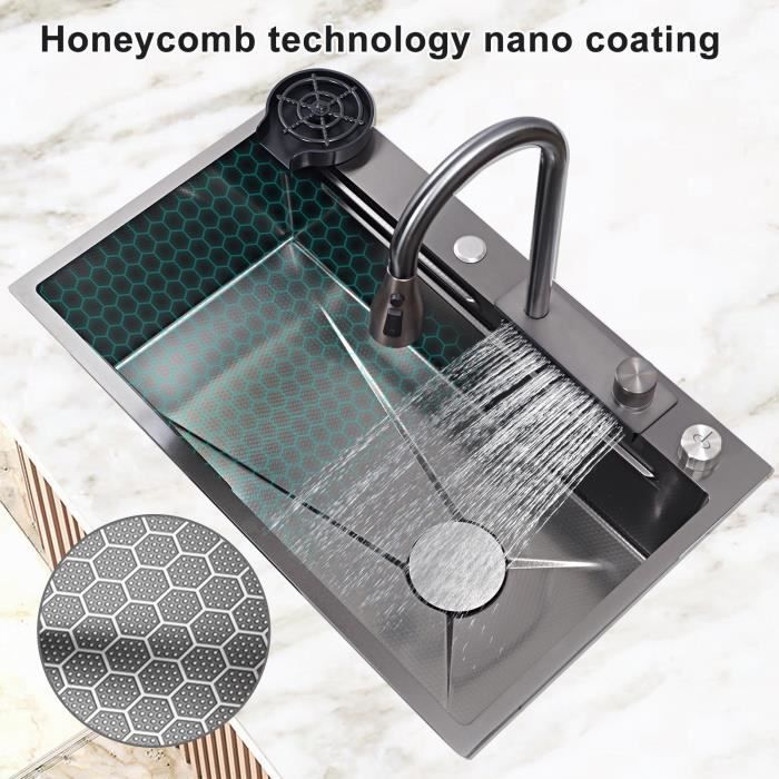 Évier de cuisine DNKELAR®Evier Inox Professionnel 304 ,En granitEnsemble dÉvier Domestique,Intégré avec Robinet Amovible(75×46×24cm)