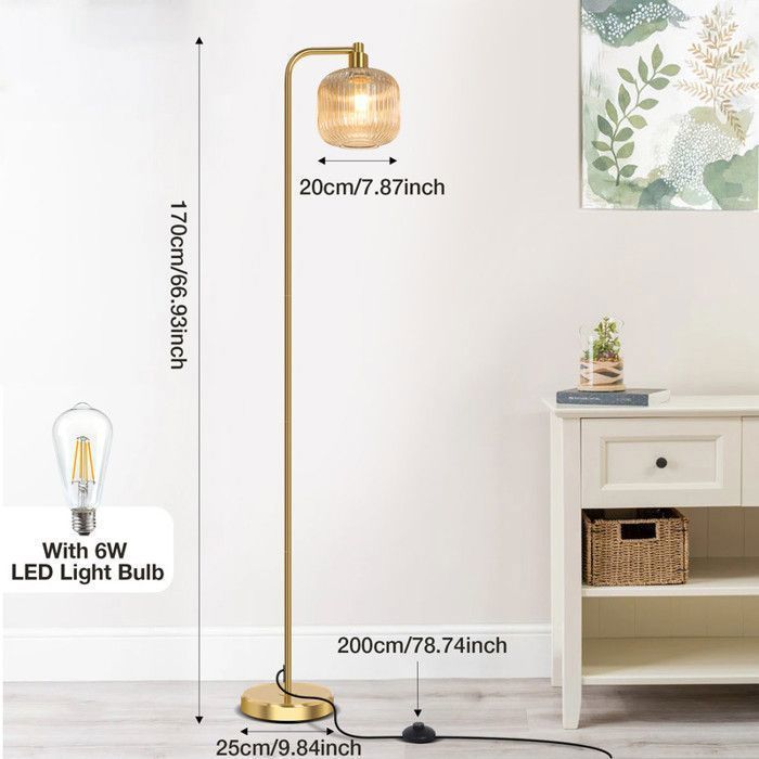 Lámpara de pie para salón con pantalla de cristal acanalado marrón claro, bombilla LED, interruptor de pie, base metálica estable, para cocina.