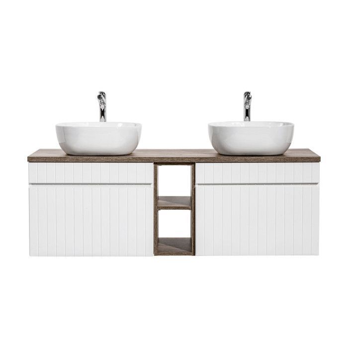 Dubbele wastafel met hoge kast + 2 elementen - 140 cm - Emblematic White