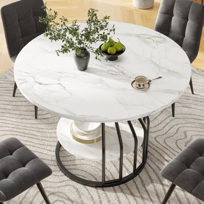 Mesa de comedor con estante - MDF - Mesa redonda moderna para cocina, sala de estar o comedor - 80x80x76cm - Negra