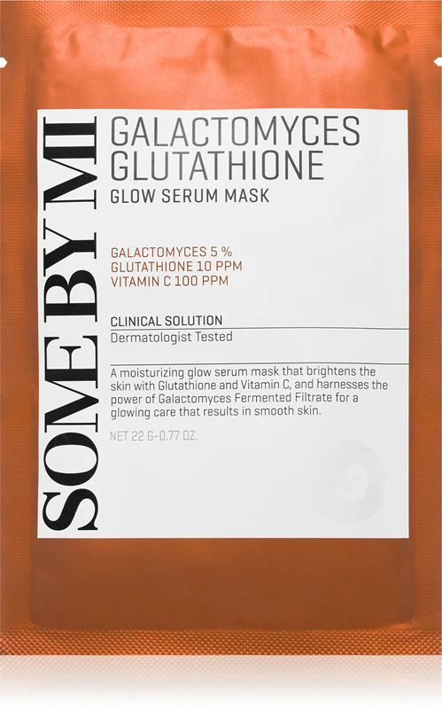 Some By Mi Galactomyces Glutathione Glow Serum Mask, uma máscara facial iluminadora em tecido para peles sensíveis e secas.