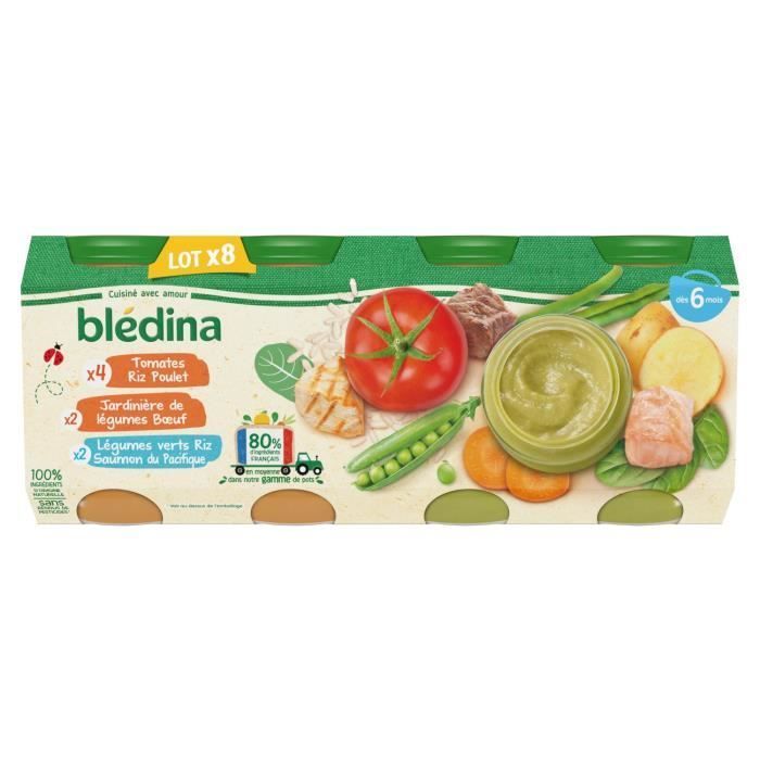 Omogeneizzati BLEDINA - Dai 6 mesi in su - Pollo al pomodoro e riso, Manzo alle verdure, Salmone al riso e verdure - 8 vasetti da 200 g