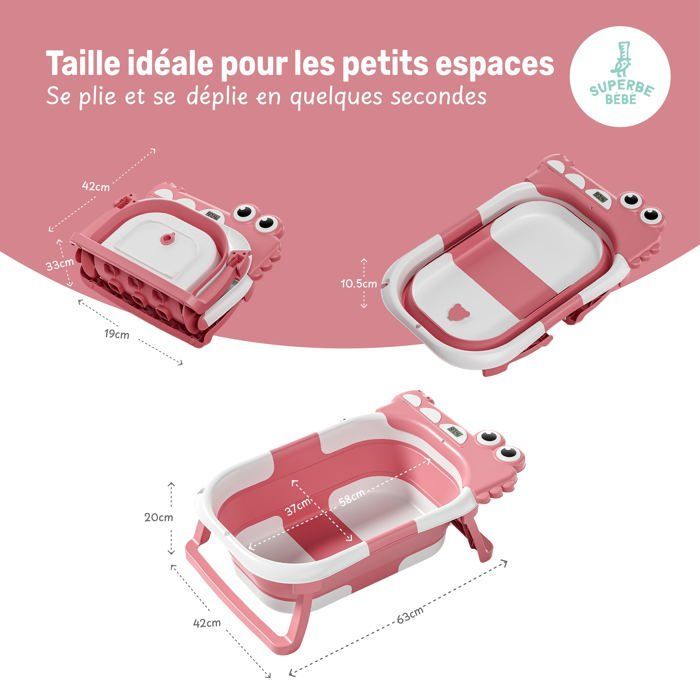 Vaschetta da bagno pieghevole per neonati - Termometro e cuscino inclusi - DINOSAURO - Rosa | SUPERB BABY