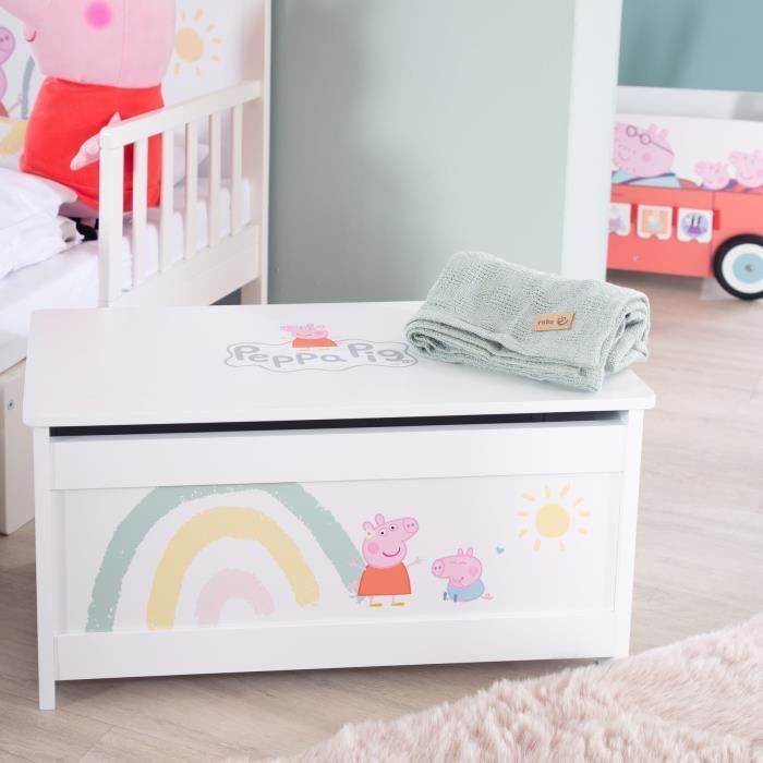 Baú de Brinquedos de Madeira ROBA Peppa Pig - Tampa Articulada - Design de Porquinho - Rosa/Branco