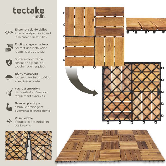 Terrace tiles - TECTAKE - TABULA interlocking outdoor tiles in acacia wood, 31 x 31 x 2.2 cm - 40 pieces