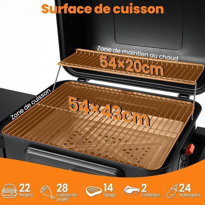 Barbecue Charbon de Bois avec Couvercle, Thermomètre, Bac à Charbon Réglable, 2 Tablettes Rabattable, Brosse de Nettoyage