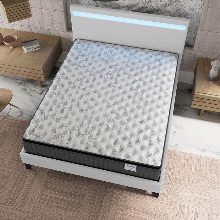 Colchón y cama (140x200cm) - Elekctra 30cm Muelles ensacados y espuma viscoelástica + Base de láminas estable y cabecero LED Blanco