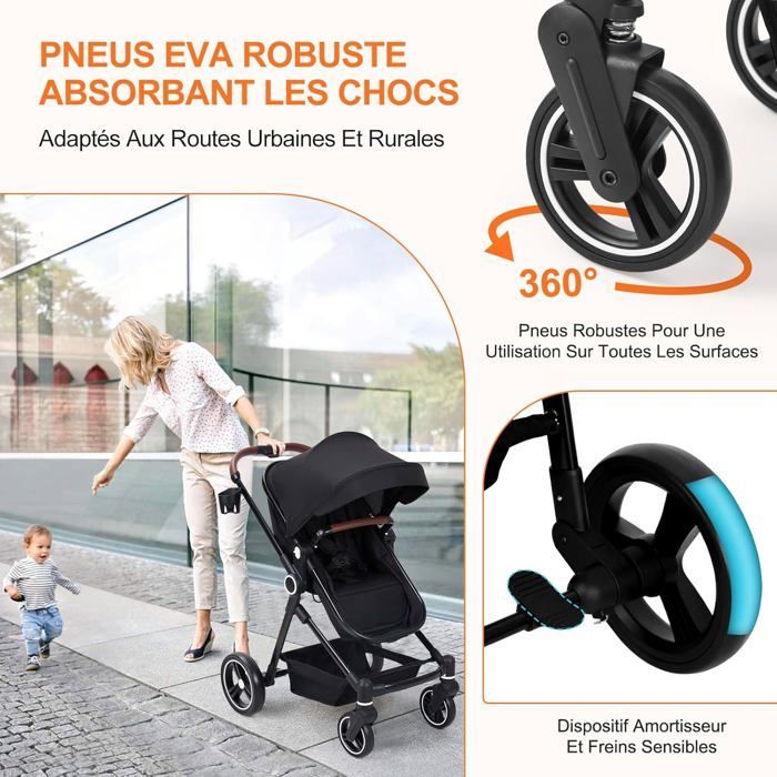 Cochecito 2 en 1, cochecito plegable compacto y ligero con asiento reclinable, cochecito cómodo para bebés de 0 a 3 años, negro.