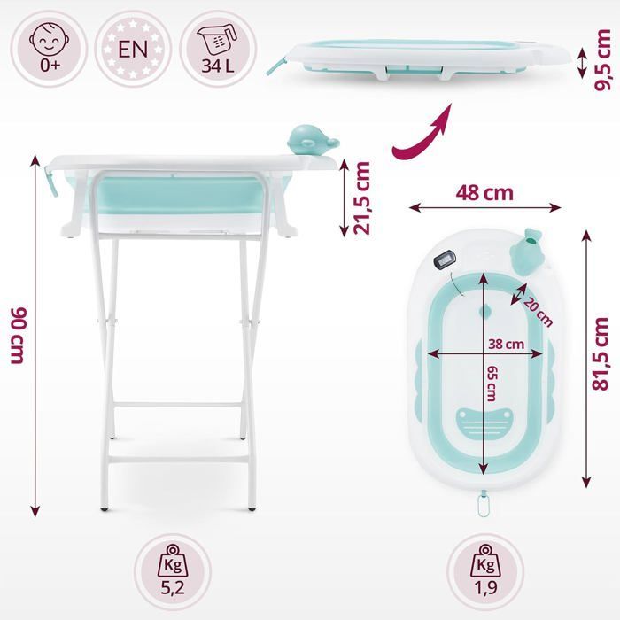 Vaschetta da bagno pieghevole per neonati - Sistema Moby - Holly - Termometro LCD - Cuscino morbido - Supporto in metallo