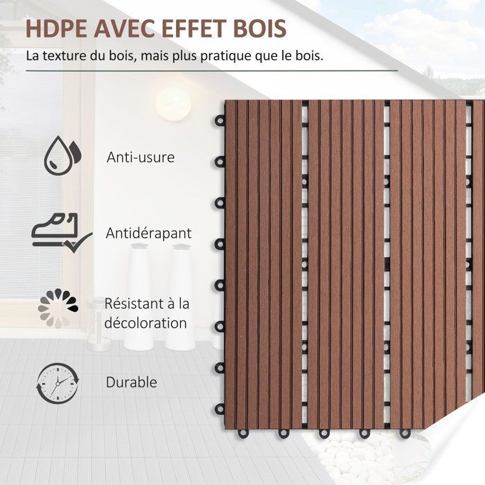 Garden tiles - Outsunny - set of 11 - anti-slip and weather-resistant - made of HDPE - 30 x 30 x 2.2 cm - light brown