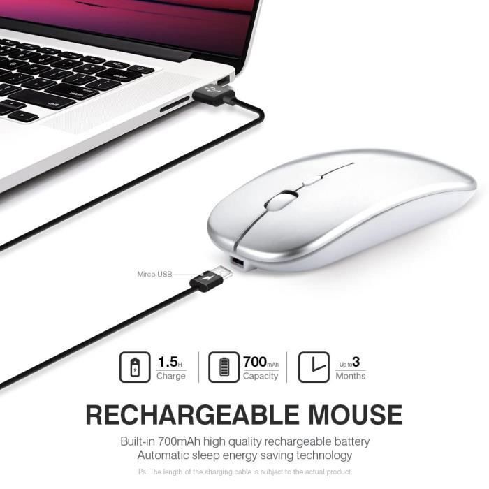 Mouse ottico wireless ricaricabile silenzioso SDLOGAL 2.4G 1600 DPI con ricevitore USB, livello batteria visibile, argento