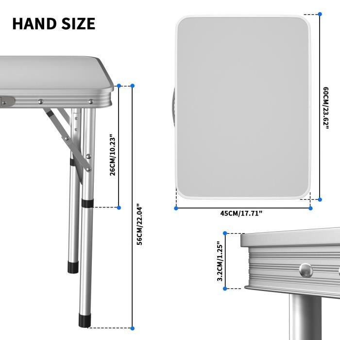 Tavolo da campeggio pieghevole in alluminio, leggero e regolabile, da 60 cm. Piccolo tavolo pieghevole per uso interno ed esterno.