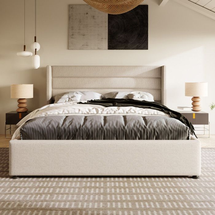 Letto contenitore 160 x 200 cm, letto 160 x 200 con rete a doghe, letto matrimoniale imbottito, letto per 2 persone con rete a doghe in legno, lino beige