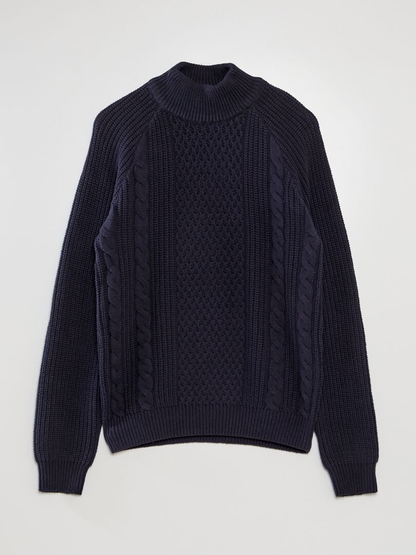 Kabeltrui met hoge kraag - BLAUW