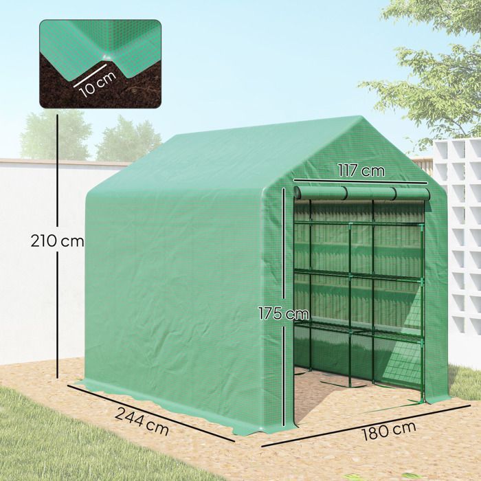 Serre de jardin - Outsunny - étagères 3 niveaux - porte enroulable - bâche PE renforcée, tube en acier - 244 x 180 x 210 cm - vert