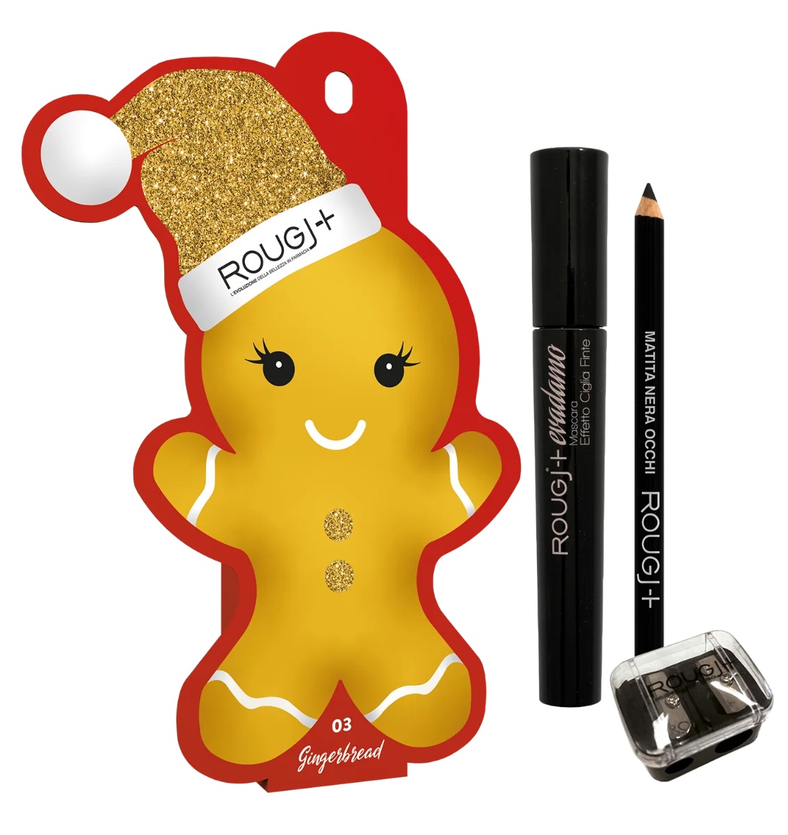 ROUGJ Ginger Bread make-up set – zwart oogpotlood + Eva mascara + puntenslijper