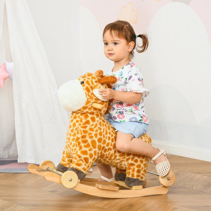 Schaukeltier - HOMCOM - Giraffe und Reittier 2-in-1 mit Brüllgeräuschfunktion - Plüsch - Holz - Gefleckt