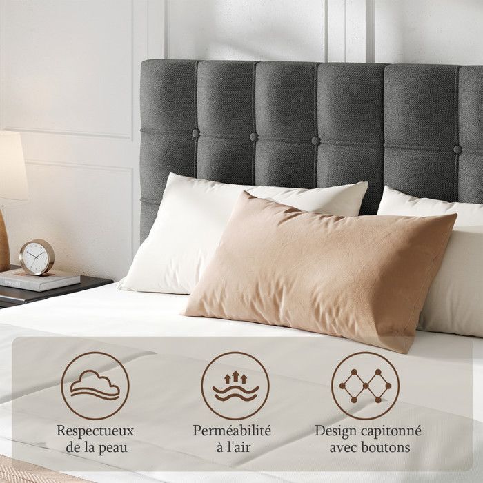 Letto HavenlyHome 140x190 cm, letto imbottito, testiera in lino, letto matrimoniale con rete a doghe, letto per 2 persone, grigio