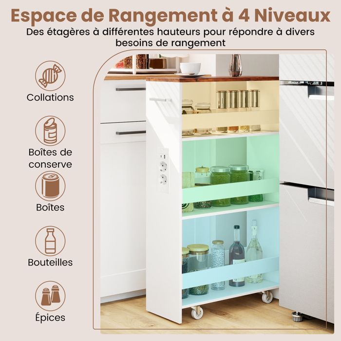GIANTEX Desserte de Cuisine Étroit à Roulettes- 47,5x20x80,5cm- Station de Charge- Chariot de Service à 4 Niveaux- Blanc + Brun