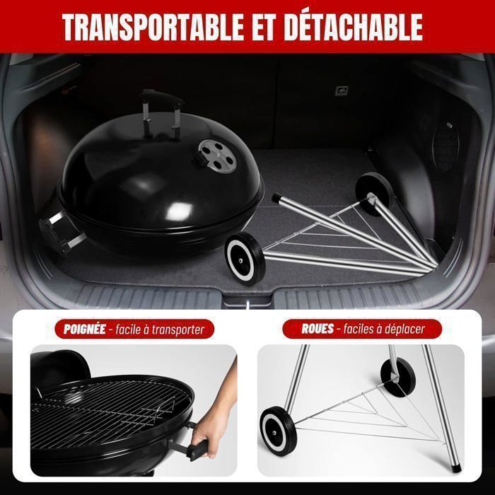 Barbecue rotondo a carbone, diametro 57 cm, barbecue mobile, griglia da giardino portatile, con coperchio e 2 ruote - 60 * 57 * 82 cm