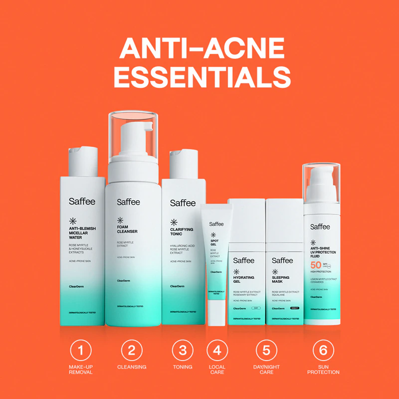 Saffee ClearDerm Ochranný fluid proti lesku pleti s UV ochranou SPF 50 pre mastnú pleť so sklonom k akné
