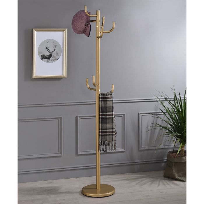 Perchero MILA, independiente, de 174 cm de altura, con base redonda y 8 ganchos, mueble de entrada de metal lacado en oro.