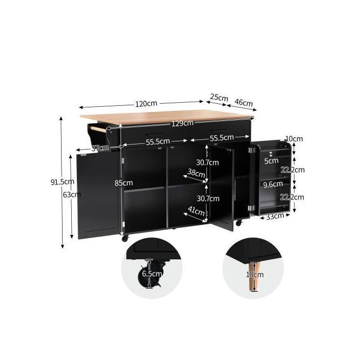 Desserte à Roulettes Cuisine rangement en bois multifonctionnelle avec plan de travail -avec tiroir-L129 x P46(71) x H91.5 cm-Noir