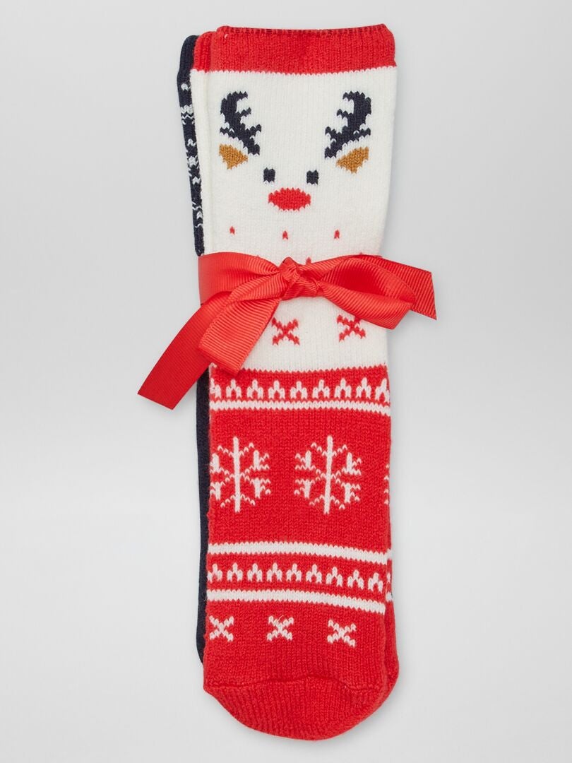Conjunto de 2 pares de pantuflas navideñas tipo calcetín - ROJO