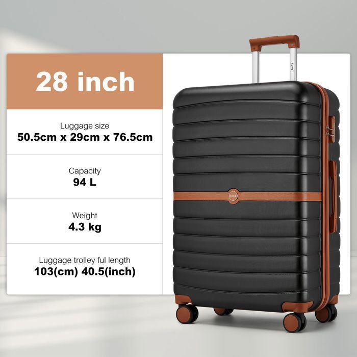Maleta de viaje grande Kono de 76,5 x 50,5 x 29 cm, ABS+PC, carcasa rígida, 4 ruedas y cerradura, carrito de viaje, 94 L, color negro.