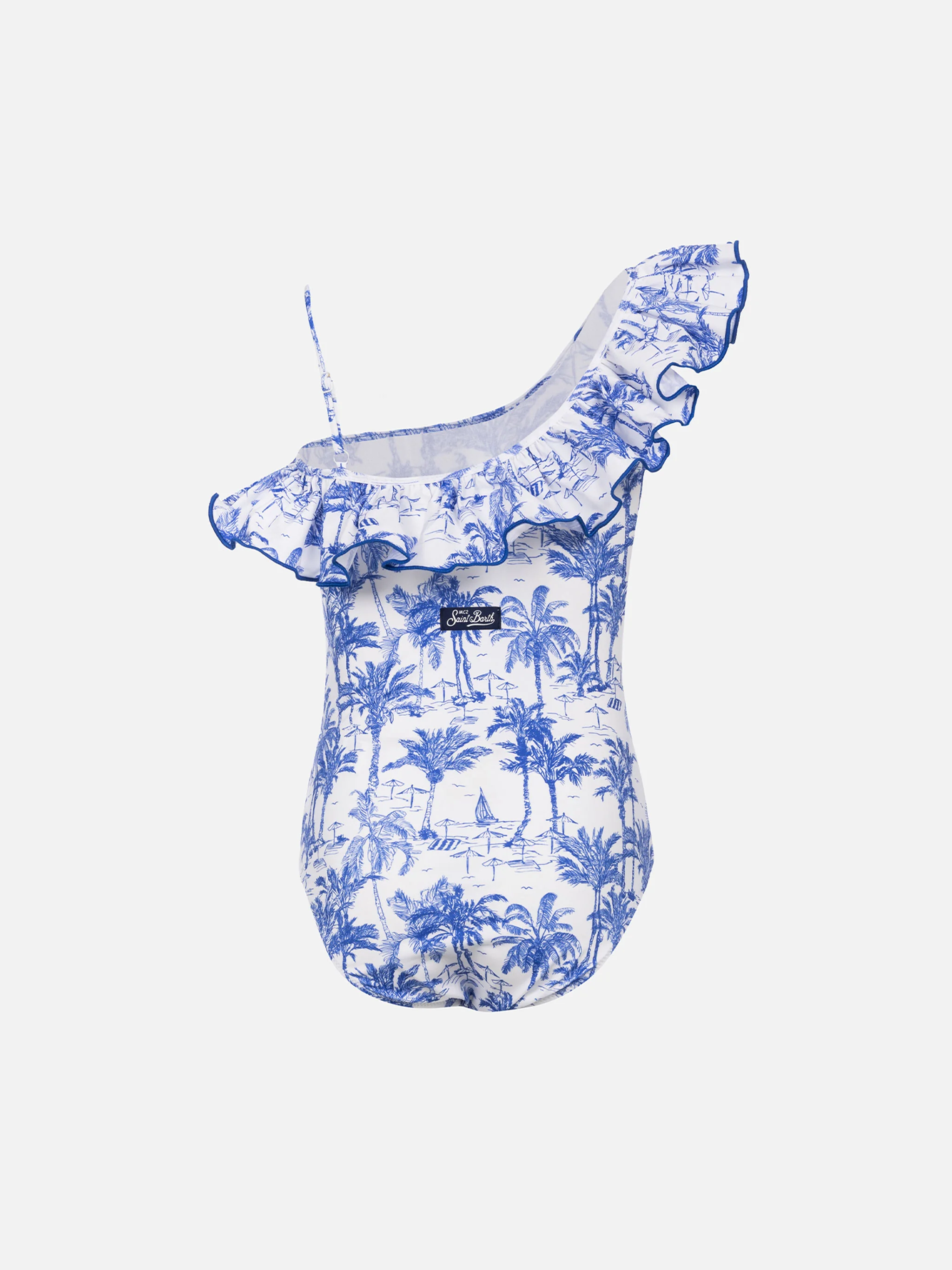 Carin Badeanzug mit Rüschen und Toile-de-Jouy-Muster für Mädchen