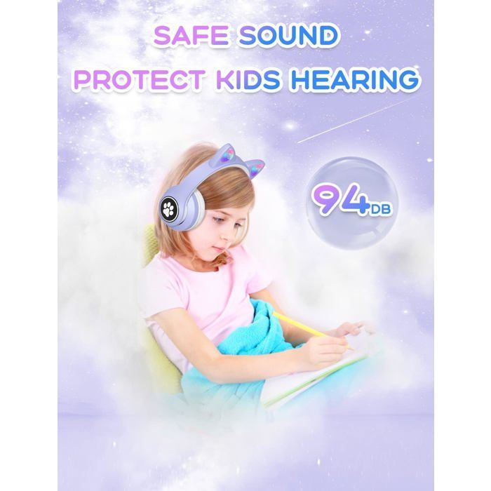 Cuffie Bluetooth per bambini, cuffie Bluetooth pieghevoli per bambini con luci LED e orecchie da gatto, cuffie wireless, viola