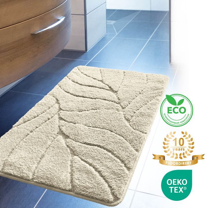 Alfombrilla de baño Maris de microfibra suave – Alfombrilla antideslizante de felpa con estampado de hojas, 60 x 120 cm, color marfil.