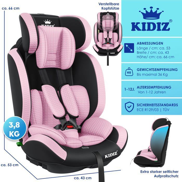 Seggiolino auto KIDIZ® per bambini e neonati da 9 a 36 kg, gruppo 1+2+3, cintura di sicurezza a 5 punti, poggiatesta regolabile, omologazione ECE R129/03, colore rosa.