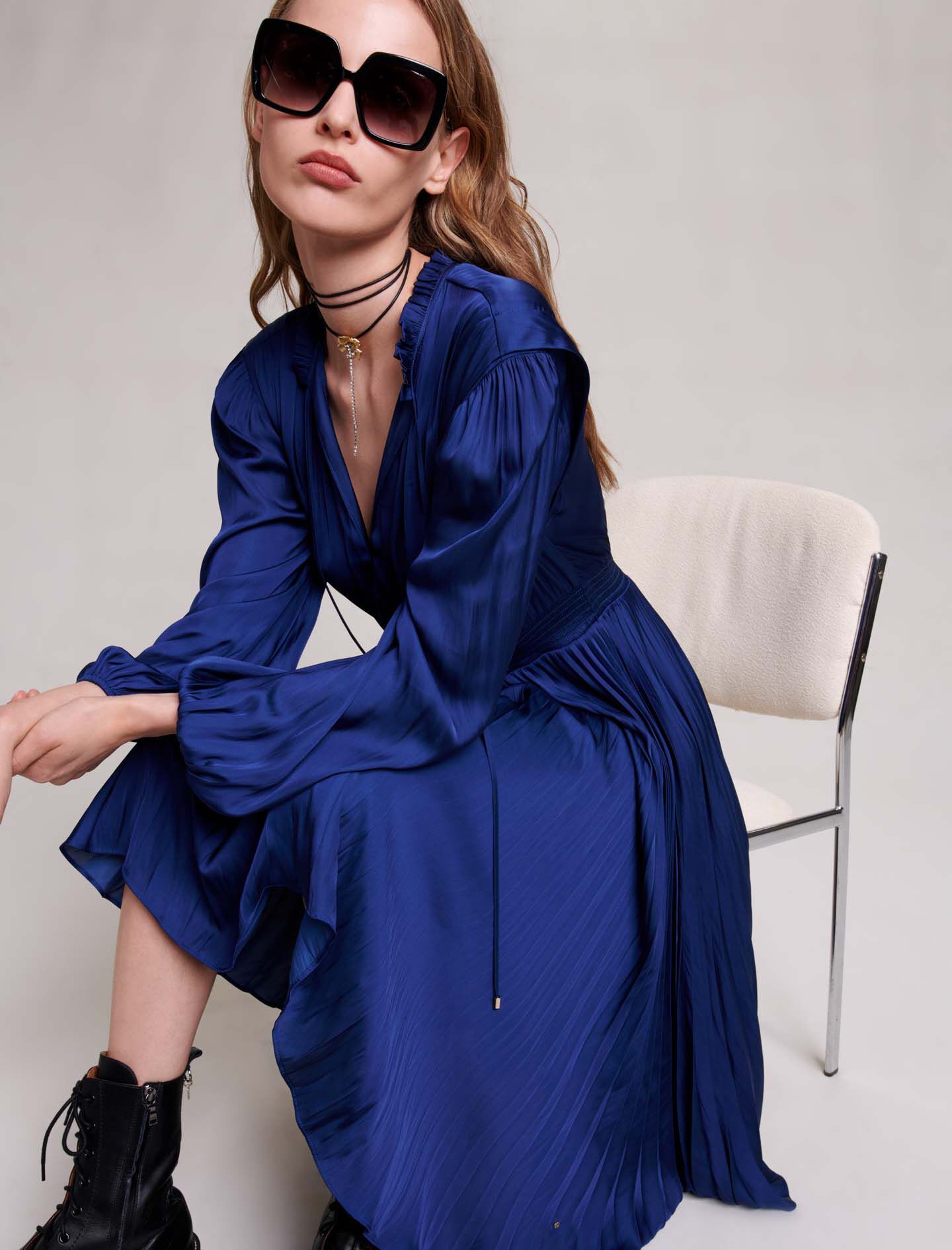 Rochie midi din satin plisat - Klein Blue