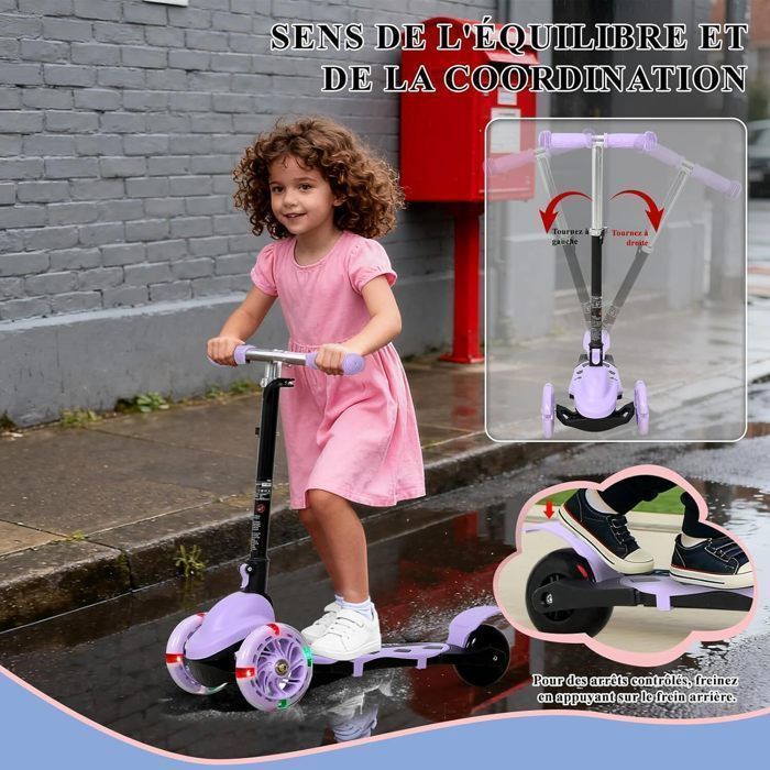 Folding Scooter with 3 LED Light-Up Wheels for Children 2 to 5 Years Old, 3-Level Height-Adjustable Handlebar, Purple