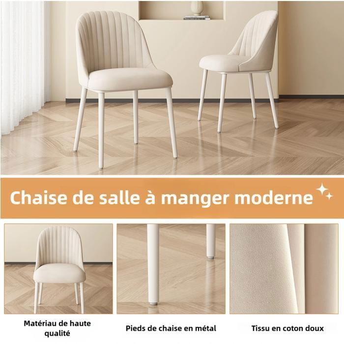 Lot de 2 chaises scandinaves en velours côtelé beige, dossier capitonné, pieds métal blancs, salle à manger moderne