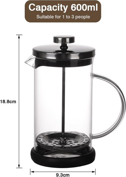 French-Press-Kaffeemaschine, 5 Tassen, 600 ml, Stempelkanne für Filterkaffee, Espresso und Tee mit Dreifachfilter