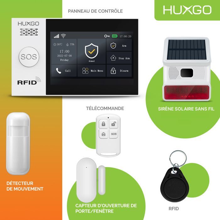 Systeme d'alarme Maison WiFi + GSM, HUXGO HXA007 + Sirène sans Fil, 1X détecteur de Mouvement, 12X capteur de Porte/fenêtre, TUYA