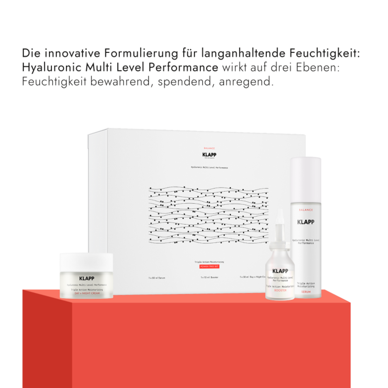 Klapp Sada péče o tělo Hyaluronic Multi-Level Performance Triple Action Moisturizing Power Trio Set = Denní a noční krém 50 ml + Sérum 50 ml + Booster 15 ml - 3 kusy