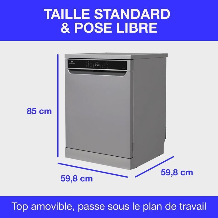 Lave-vaisselle pose libre CONTINENTAL EDISON - 15 couverts - Largeur 59,8 cm - Classe D - moteur induction - 39 dB - Silver