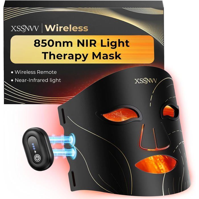 Mascarilla facial LED inalámbrica con sistema de enfriamiento, 4 modos de terapia de luz (rojo e infrarrojo de 850 nm), control remoto, batería con una duración de 60 minutos.